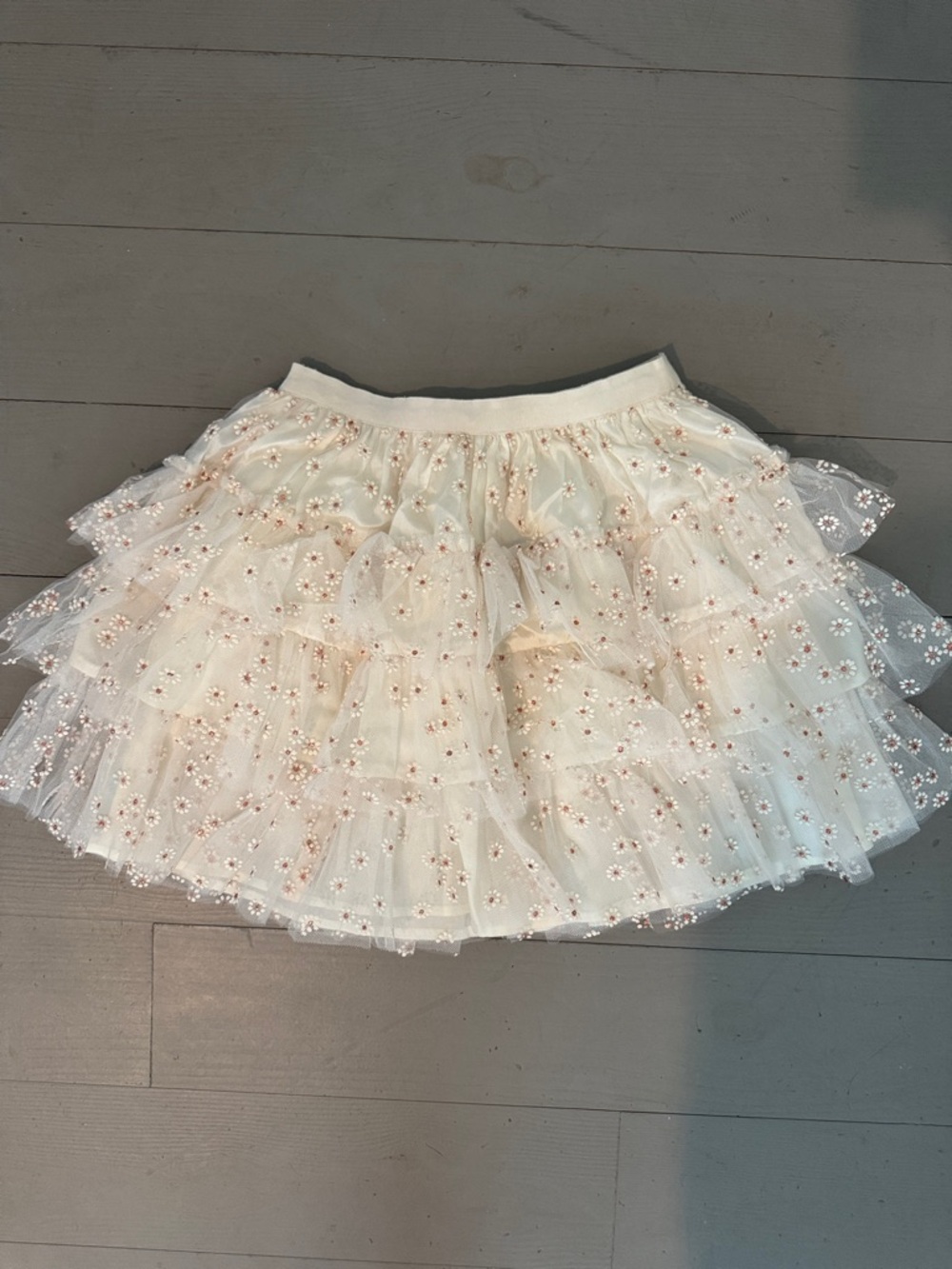 Bonpoint Ivory Tiered Tulle Skirt with Floral Sequin Embellishments